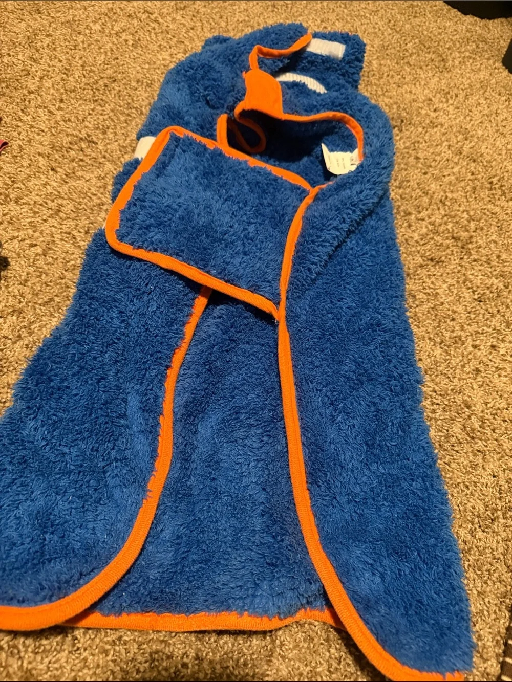 Plush blue & orange dog “bathrobe” (L) - NWOT